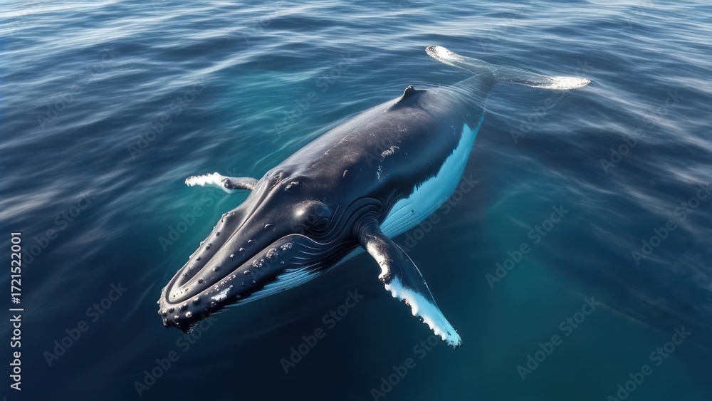 Fototapeta premium Humpback whale swimming in ocean, viewed from above