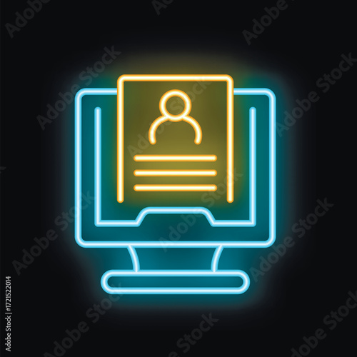 Neon icon depicting a cv on a computer screen, symbolizing the process of online job applications and recruitment