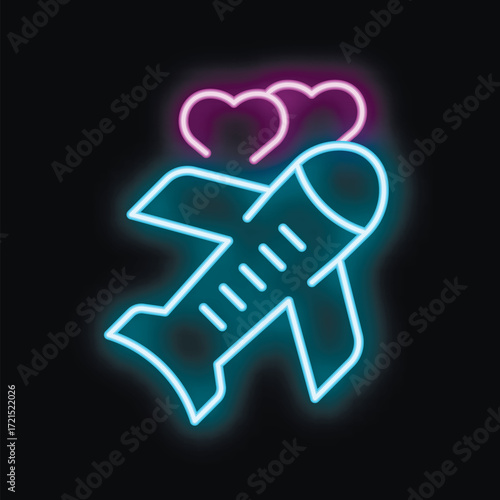 Blue neon airplane taking off with pink hearts on black background representing honeymoon trip