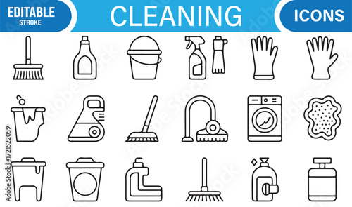 Cleaning service and janitorial icons set in simple line art design.