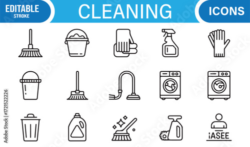 Outline cleaning equipment vector icons including vacuums and sprays.