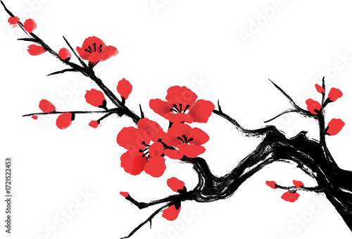 Traditional Ink Painting Of Red Plum Blossom Branch, Elegant Asian Floral Artwork, Sumi-e Style Nature Illustration, Oriental Decorative Flower Design
