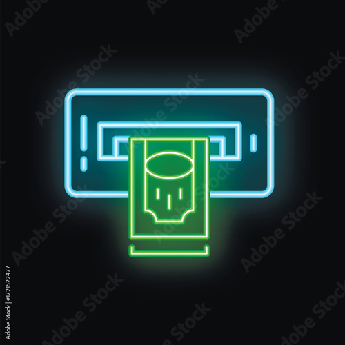 Neon atm cash machine accepting banknote payment with glowing effect on dark background