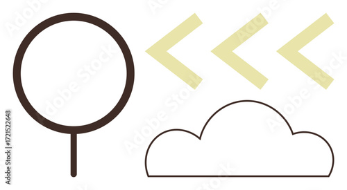 Simplified circular tree, outline cloud, and three chevron arrows in harmony. Ideal for nature, environment, weather, simplicity, growth eco-awareness direction. Represents a simple flat metaphor