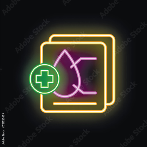Glowing neon medical blood test report icon with blood drop and plus sign