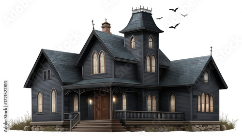 Spooky haunted house cartoon illustration. This dark, scary gothic building for halloween has mysterious and eerie feeling, perfect for horror mansion design