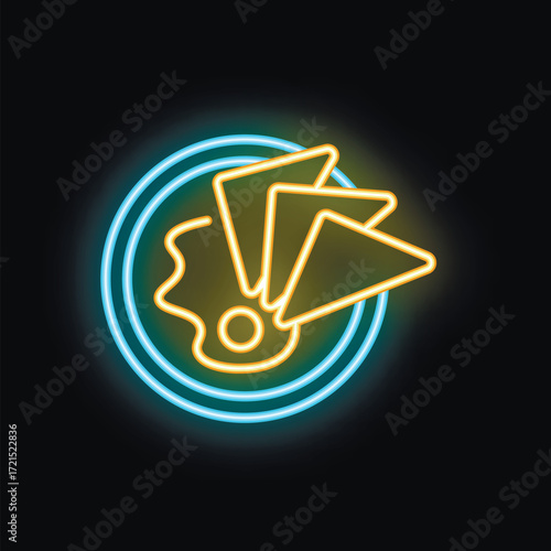 Neon sign depicting a plate of nachos and cheese dip, glowing on a black background