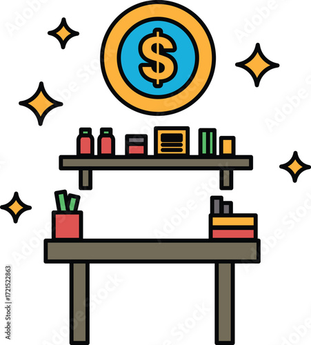 A dollar sign is on a shelf above a desk