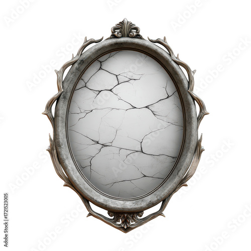 Spooky haunted gothic mirror with an ornate vintage frame and cracked surface. scary, mysterious, and broken object perfect for spooky halloween decoration concept