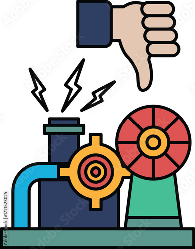 A black and white drawing of a machine with a hand giving it a thumbs down