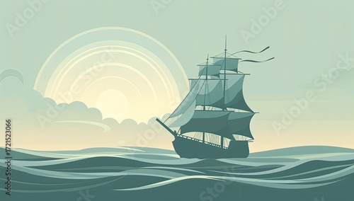 A stylized illustration of a sailing ship at sea during sunrise or sunset, depicted with muted greens and blues, conveying a sense of calm and adventure
