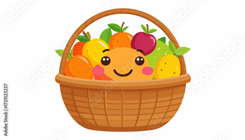 Cartoon fruit basket brimming with a happy potato character, radiating joy and colorful harvest