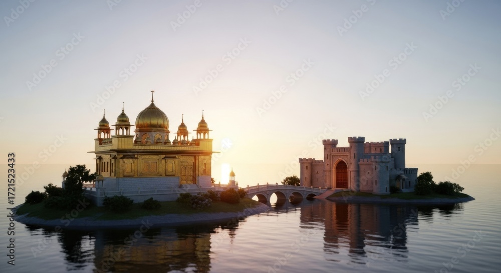Fototapeta premium Historic Castle and Mosque on Small Island at Sunset in Water