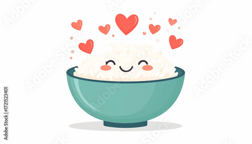 Cute bowl of rice with hearts illustration, perfect for food-related designs and projects