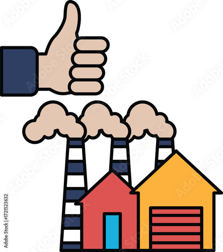 A thumbs up sign is above a factory with smoke coming out of it