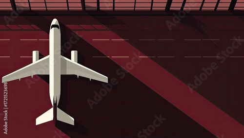 A stylized overhead view of a white passenger jet parked on a dark-red tarmac, cast in long shadows from a hangar's windowed wall