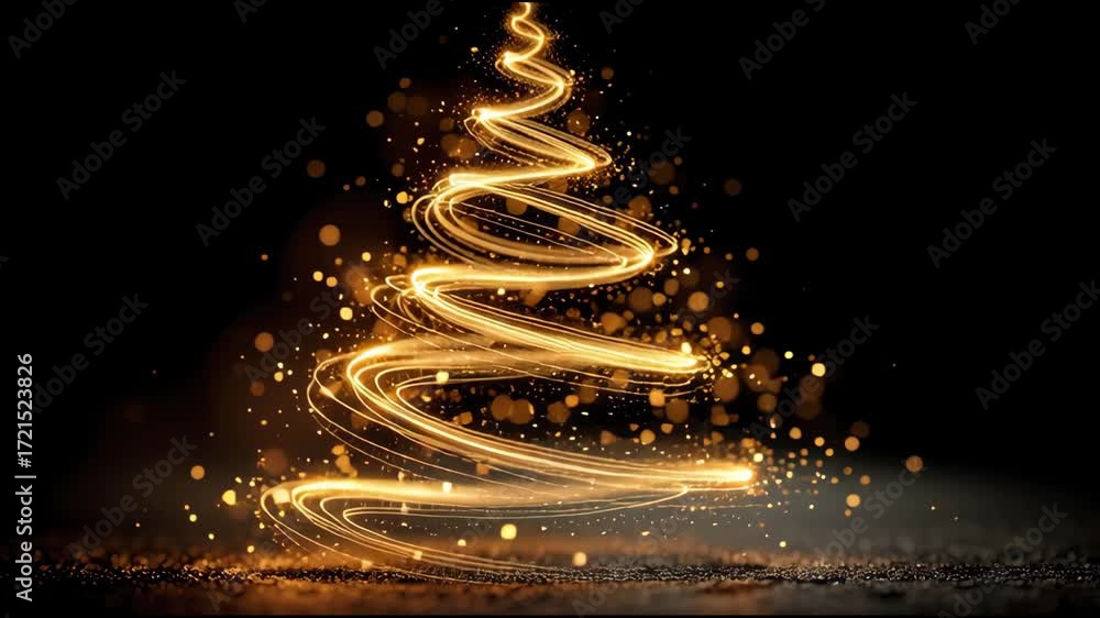 Abstract Christmas tree made of glowing golden spiral lines and sparks. These lines are rising up and tapering towards the top.
