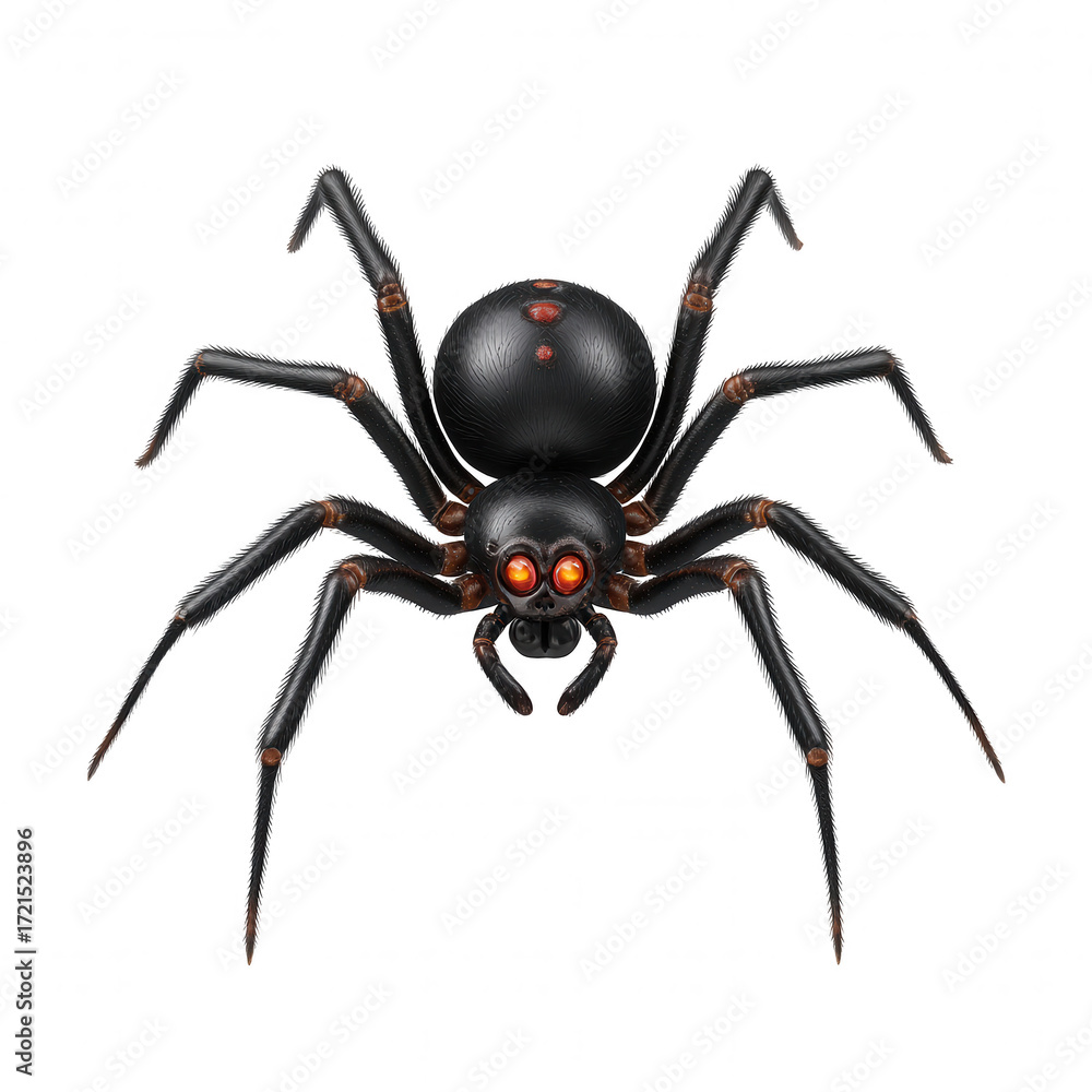 Obraz premium Scary black spider with glowing red eye, creepy bug for halloween decoration. An isolated horror arachnid monster, spooky symbol of fear and phobia
