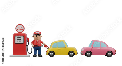 Cartoon Gas Station Attendant Refueling Cars