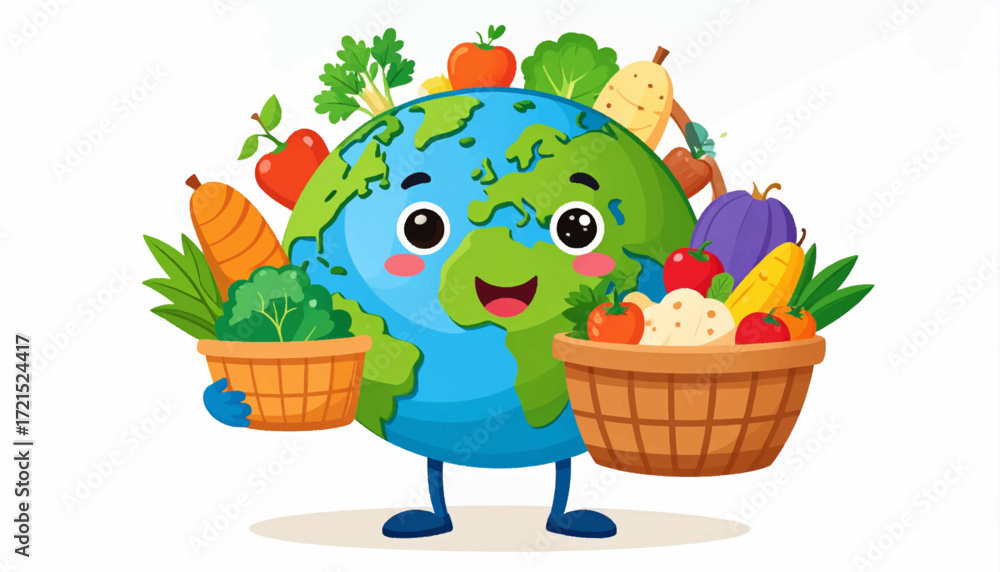 Obraz premium A joyful cartoon Earth character holding baskets overflowing with a fresh harvest of fruits and vegetables, symbolizing global health and nutrition