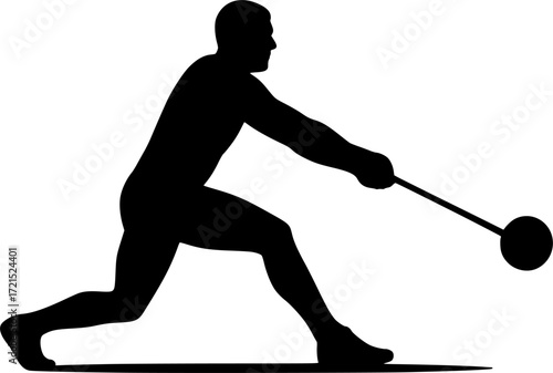 Minimalist black and white vector silhouette of hammer thrower leaning back in spin, dynamic athletic pose capturing motion, strength and balance for creative sports projects