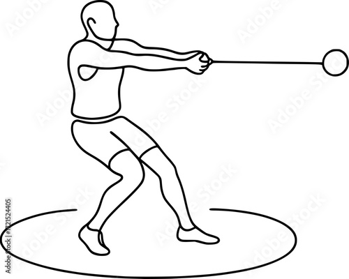 Minimal black and white linear drawing of hammer thrower pivoting feet, athletic pose capturing motion, balance and strength for creative sports design projects