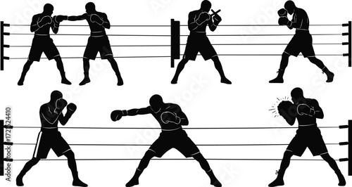 Vector boxing silhouette set, isolated black and white, sport fighting, male boxer punch poses, ring with ropes, boxing gloves, full length body, shadow illustration.