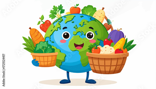 A joyful cartoon Earth character holding baskets overflowing with a fresh harvest of fruits and vegetables, symbolizing global health and nutrition