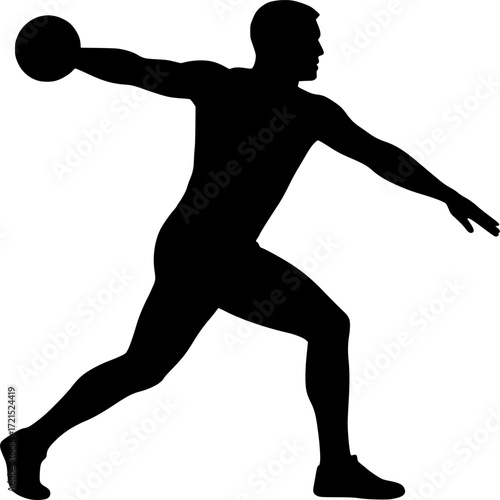 Minimalist black and white vector silhouette of grenade athlete performing sideways throw, dynamic pose capturing motion, strength and focus for creative sports and military projects