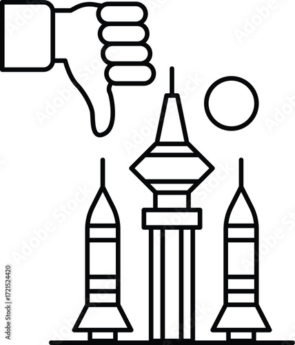 A hand is giving a thumbs down to a building with three rockets on top