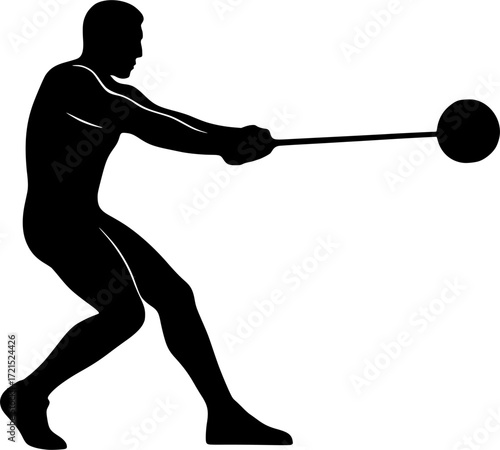 Minimalist black and white vector silhouette of hammer thrower leaning back in spin, dynamic athletic pose capturing motion, strength and balance for creative sports projects