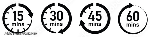 timer, clock, stopwatch vector icon set from 15 to 60 minutes. 15, 30, 45, 60 min, timer clock isolated vector illustration. Flat style. countdown icons. vector illustration and transparent PNG.