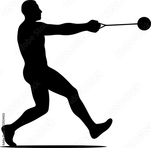 Minimalist black and white vector silhouette of hammer thrower leaning back in spin, dynamic athletic pose capturing motion, strength and balance for creative sports projects