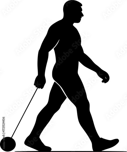 Minimalist black and white vector silhouette of hammer thrower walking with hammer, athletic pose capturing motion, strength and focus for creative sports design projects