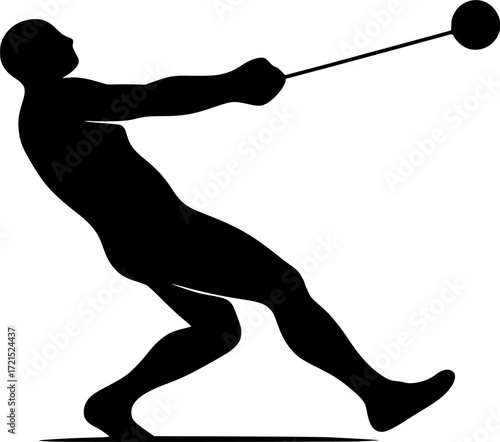 Minimalist black and white vector silhouette of hammer thrower leaning back in spin, dynamic athletic pose capturing motion, strength and balance for creative sports projects