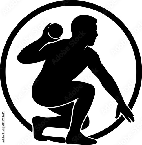 Minimalist black and white vector silhouette of shot putter crouched in circle, athletic pose capturing strength, balance and focus for creative sports design projects