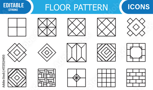 Floor pattern icons set in editable line style for tile and parquet design.
