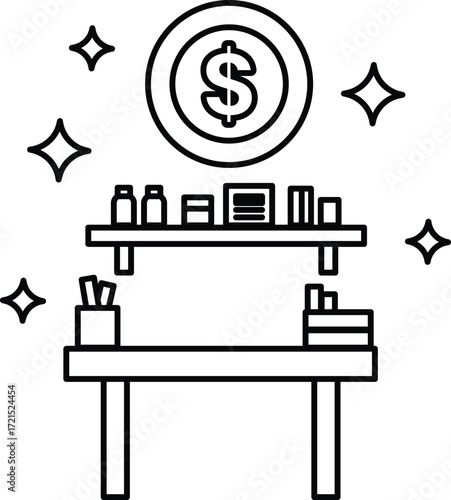 A dollar sign is on a shelf above a desk