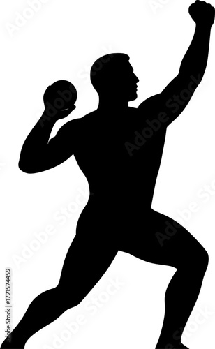Monochrome vector silhouette of shot putter holding victory pose, minimalist athletic design capturing triumph, strength and celebration for creative sports projects