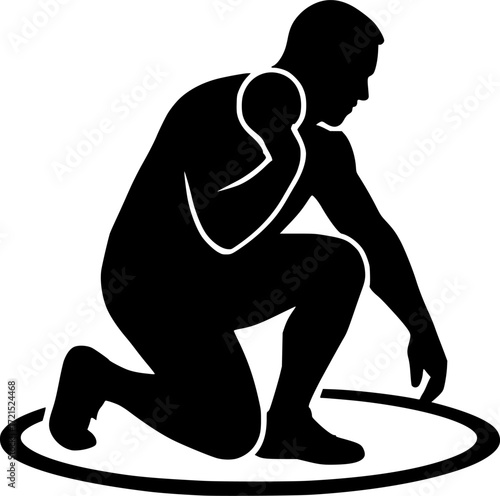 Monochrome vector silhouette of shot putter kneeling near circle, minimalist athletic pose capturing focus, strength and preparation for creative sports design projects