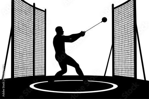 Monochrome vector silhouette of hammer thrower in cage ring, minimalist athletic design capturing strength, focus and dynamic motion for creative sports projects