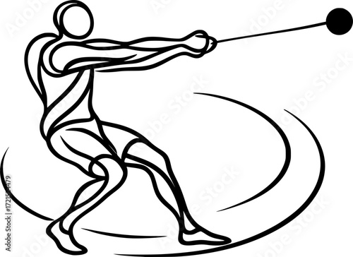 Abstract flowing vector outline of hammer thrower releasing hammer, dynamic monochrome design symbolizing motion, energy and athletic strength for creative projects