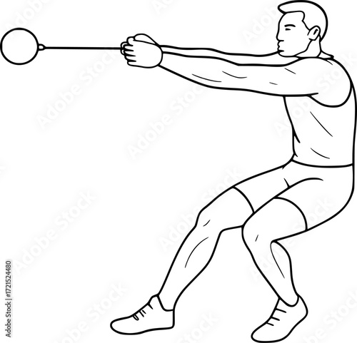 Black and white vector outline of hammer thrower with arms extended, minimalist athletic pose capturing strength, balance and motion for creative sports design projects