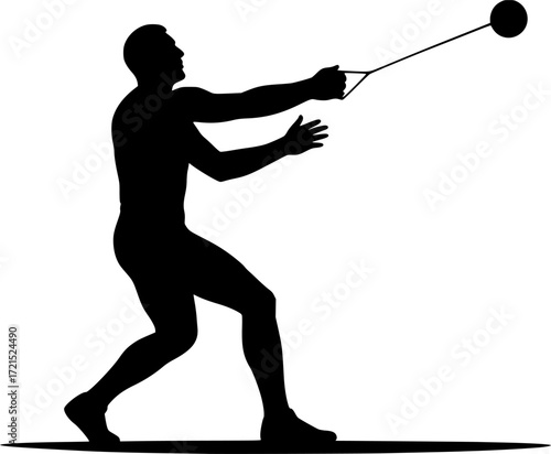 Monochrome vector silhouette of hammer thrower watching hammer fly, minimalist athletic motion capturing strength, focus and dynamic energy for creative sports projects