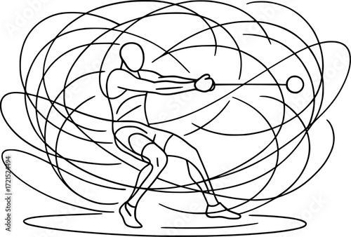 Black and white abstract line art forming hammer orbit around athlete, dynamic vector design symbolizing motion, strength and athletic energy for creative projects