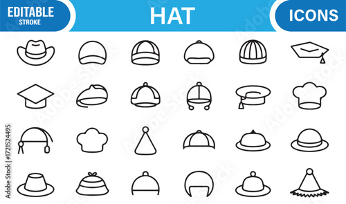 Minimal headwear and hat icons pack for design, style, and accessories.