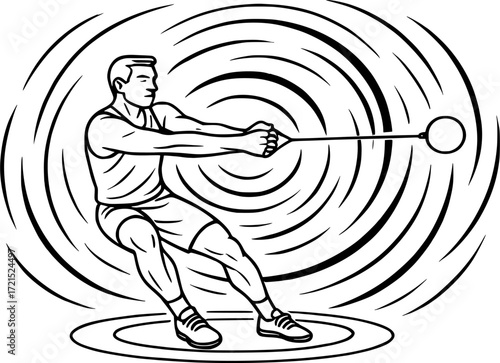 Black and white vector outline of hammer thrower spinning with abstract swirl, dynamic athletic motion capturing energy, rotation and strength for creative sports design projects