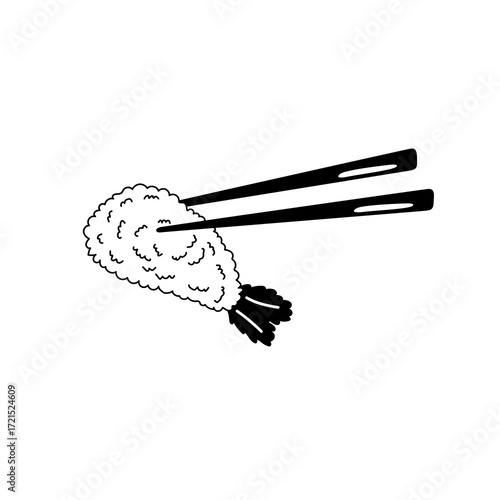 Chopsticks picking up a piece of tempura shrimp with a fluffy texture and a distinct tail, presented in a simple, clean style