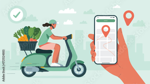 Vector art of food delivery person on scooter with groceries and map app