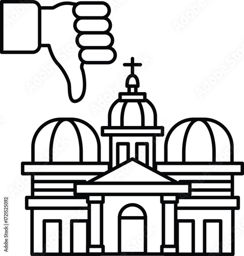 A building with a cross on top and a thumbs down sign below it